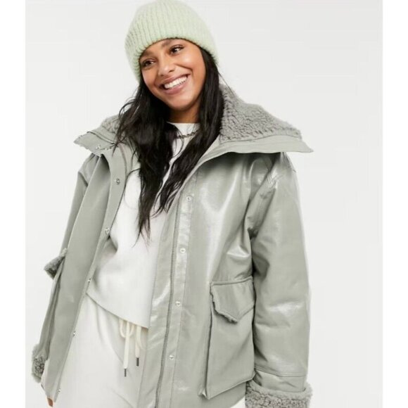 ASOS Design Curve Metallic Gray Faux Leather Coat Women’s Petite Size 10 Winter - Picture 1 of 9